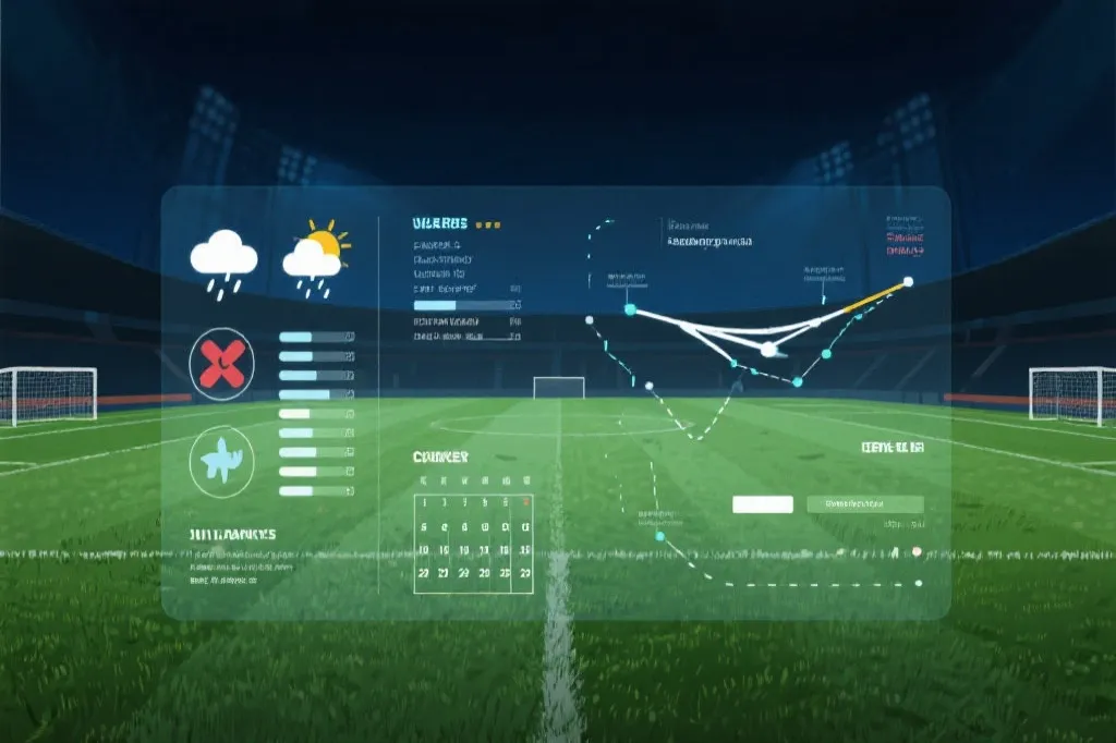 比赛现场夜间灯光下，球场草皮与天气元素可视化叠加的分析画面